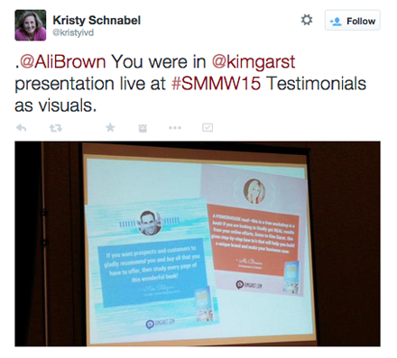 kristyivd tweet ze slajdem z referencjami z sesji Kim Garst na smmw15