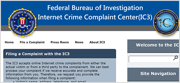 Jeśli ktoś podszywa się pod Twoją firmę, zgłoś oszukańczą działalność do FBI Internet Crime Complaint Center.