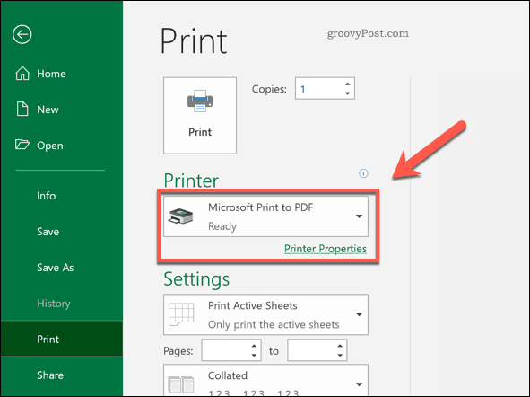 Opcja drukowania na drukarce PDF w programie Excel