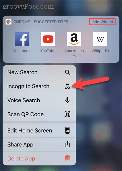 Stuknij Nowa karta Incognito z ikony aplikacji Chrome na iOS