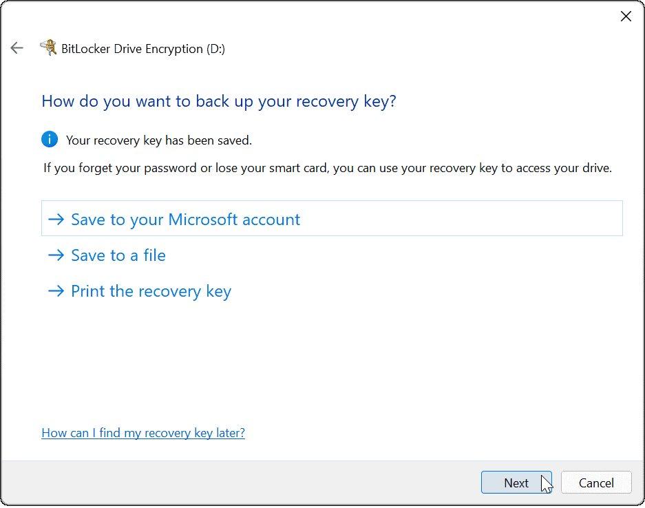 użyj funkcji Bitlocker, aby przejść na klucz odzyskiwania systemu Windows 11