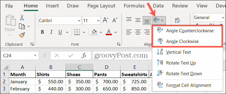 Wybierz kąt orientacji w programie Excel, aby obrócić tekst