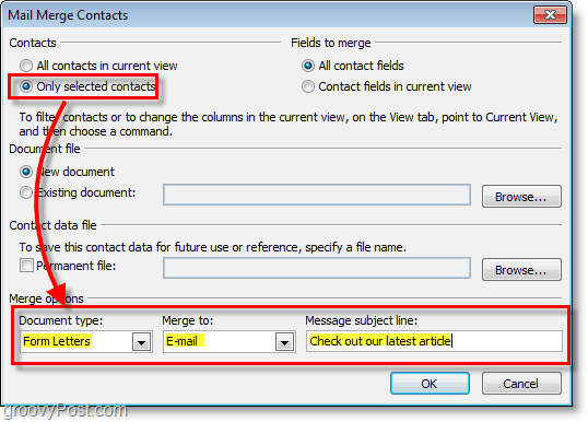 Zrzut ekranu programu Outlook 2010 - upewnij się, że opcje są poprawne w kontaktach korespondencji seryjnej