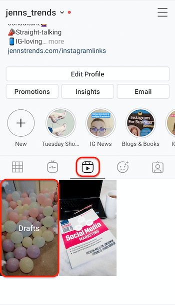 zrzut ekranu zakładki bębnów Instagram w profilu zawierającym symbol zastępczy wersji roboczych bębnów