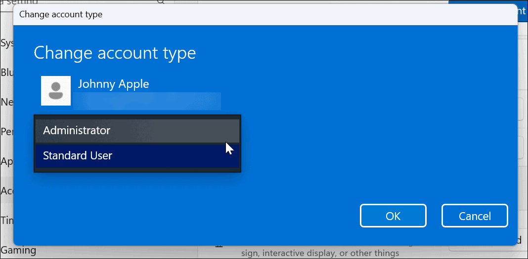 Zmień typ konta w systemie Windows 11