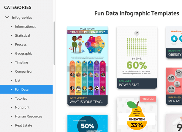 Przykłady kategorii infografik Venngage w Fun Data.