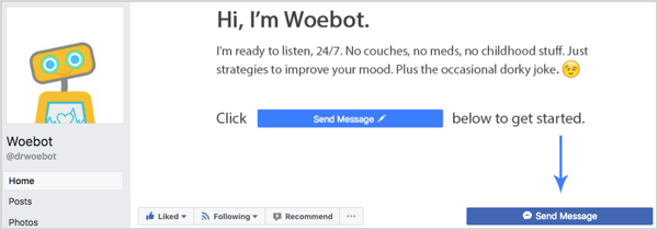 Przycisk Wyślij wiadomość na stronie Woebot na Facebooku.