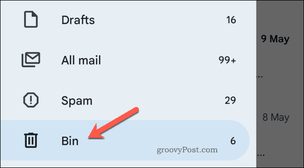 Otwieranie kosza w Gmailu na telefonie
