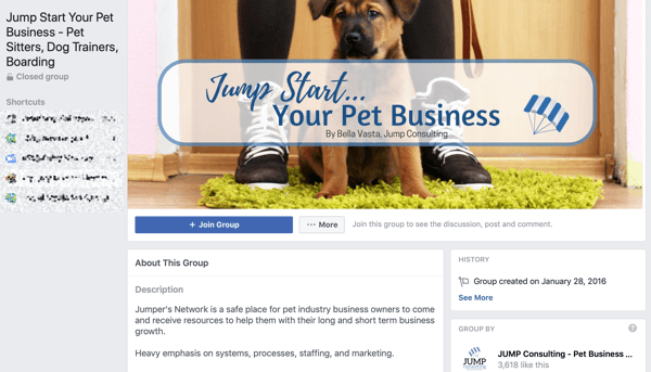 Jak korzystać z funkcji Grup dyskusyjnych na Facebooku, przykład grupy dla Jump Start Your Pet Business