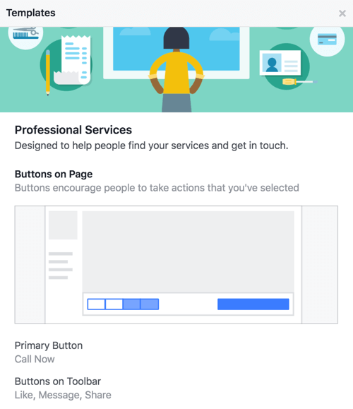 Dowiedz się, które przyciski i wezwania do działania są dołączone do szablonu Twojej strony na Facebooku.