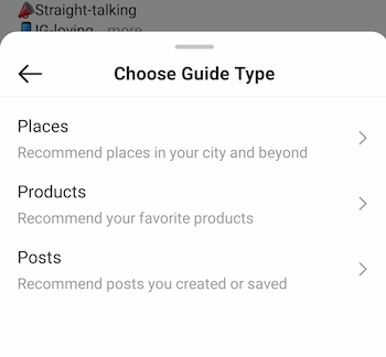 przykład instagram stwórz przewodnik wybierz menu typu przewodnik z opcjami miejsc, produktów i postsexample instagram stwórz przewodnik wybierz menu typu przewodnika z opcjami miejsc, produktów i posty