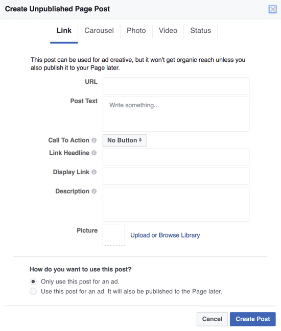 Aby utworzyć ciemne posty na Facebooku jako reklamy, możesz użyć Edytora Power i wybrać opcję Użyj tego posta tylko dla reklamy.