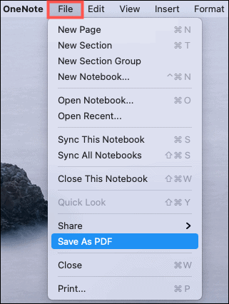 Zapisz jako PDF OneNote Mac