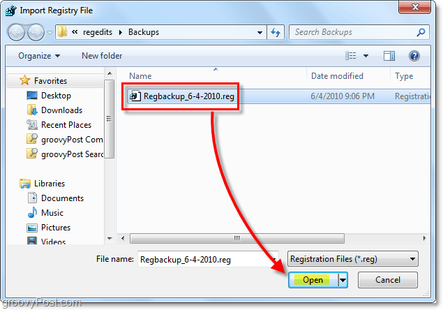 wybór przywracania rejestru w Windows 7 i Vista do importu