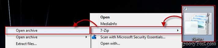 Menu kontekstowe systemu Windows 7 przy użyciu 7-zip