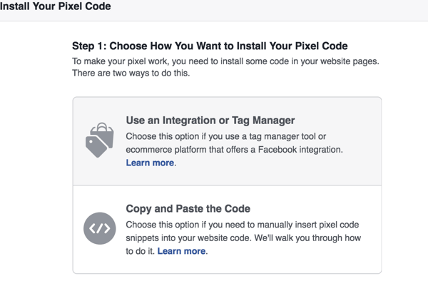 Wybierz metodę, której chcesz użyć do zainstalowania piksela Facebooka.