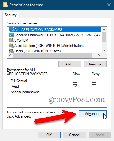 Kliknij Zaawansowane w oknie dialogowym Uprawnienia w rejestrze systemu Windows