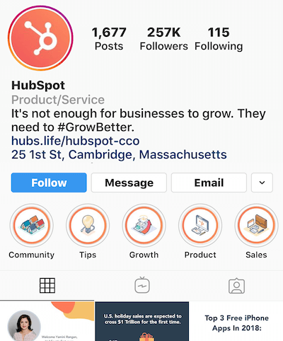 Instagram wyróżnia albumy na profilu HubSpot
