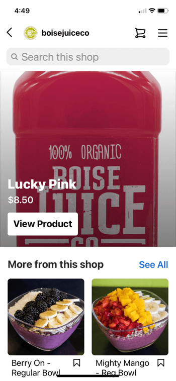 przykładowe zakupy produktów na Instagramie z @boisejuiceco pokazujące szczęśliwy różowy za 8,50 USD i mniej od tego sklep pojawia się zwykła miska z jagodami i potężna zwykła miska z mango wraz z opcją przeszukania sklepu