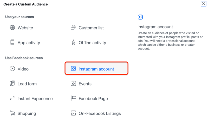 menedżer reklam na Facebooku tworzy niestandardowe menu odbiorców z podświetloną opcją konta Instagram