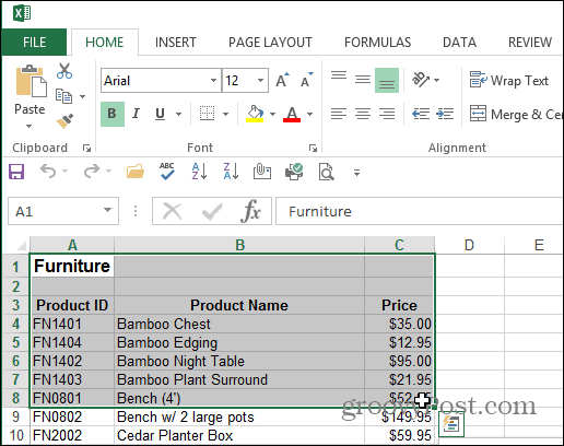 Wybierz dokument Excel obszaru