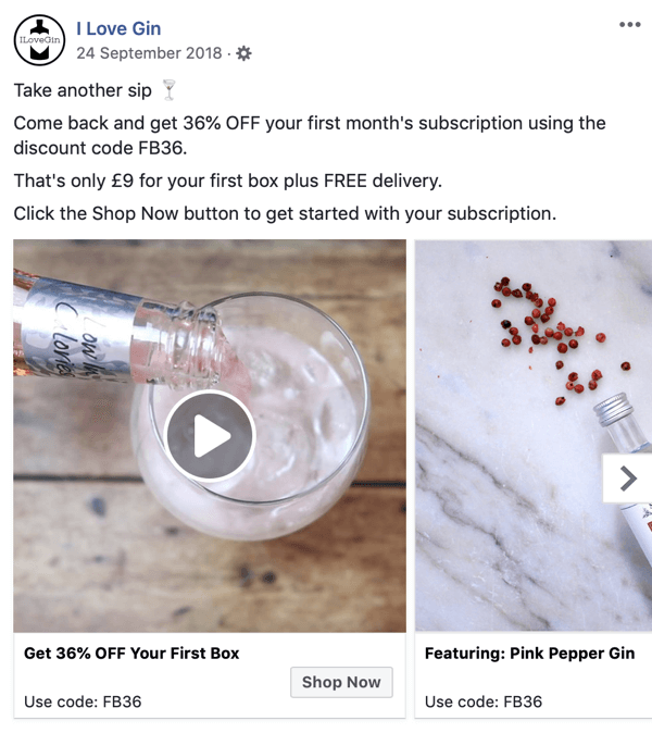 Jak stworzyć reklamę zasięgu na Facebooku, krok 8, przykład reklamy I Love Gin