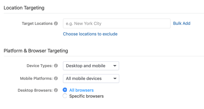 opcje kierowania na lokalizację i platformę dla kampanii reklamowej Quora