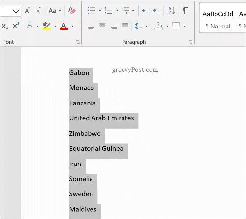 Niezorganizowana lista krajów w programie Word