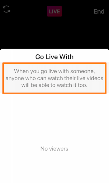 zrzut ekranu Instagrama Live pokazujący wiadomość: Kiedy połączysz się z kimś na żywo, każdy, kto może oglądać ich filmy na żywo, będzie mógł to również obejrzeć.