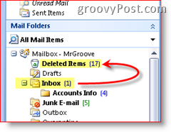 Zrzut ekranu programu Outlook 2007 wyjaśniający, że elementy usunięte są przenoszone do folderu elementów usuniętych