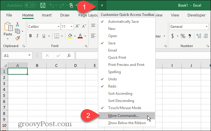 Wybierz Więcej poleceń na pasku narzędzi Szybki dostęp w programie Excel