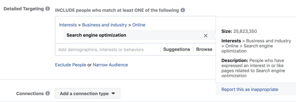 Przykład standardowego kierowania na Facebooka pod kątem zainteresowania Optymalizacja pod kątem wyszukiwarek skutkuje zbyt dużą liczbą odbiorców, wynoszącą 25 milionów.