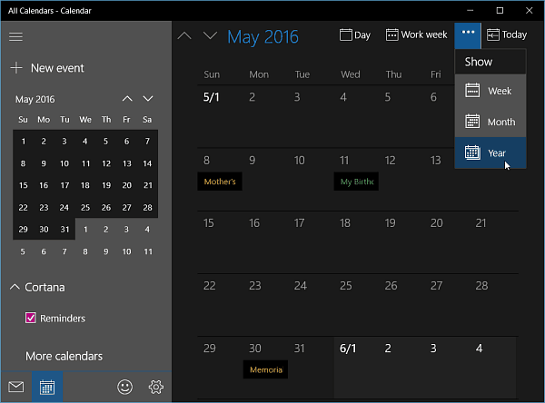 Aplikacja kalendarza dla systemu Windows 10 Insider Build 11099 Pobiera widok roku