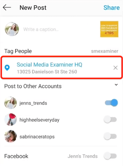 instagramowa opcja nowego posta pokazująca lokalizację wybraną do oznaczania