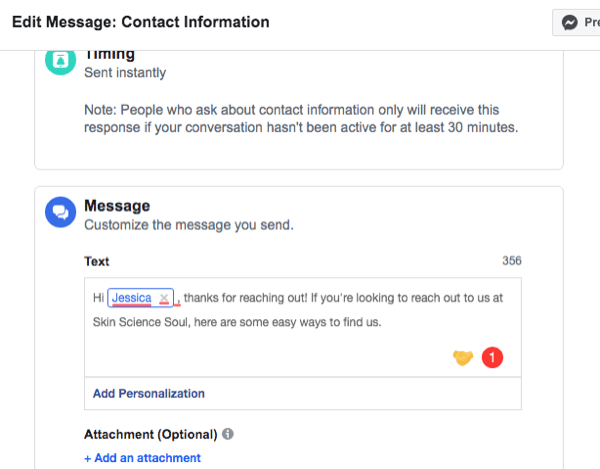 zrzut ekranu interfejsu konfiguracji dla automatycznej odpowiedzi na dane kontaktowe programu Facebook Messenger