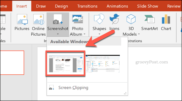 Wybieranie okna zrzutu ekranu w programie PowerPoint