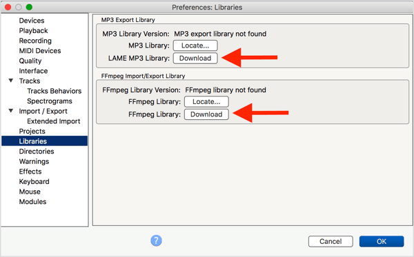 Zainstaluj opcjonalny koder LAME MP3 i bibliotekę FFmpeg z Audacity.
