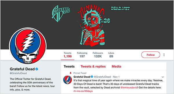 To jest zrzut ekranu strony Grateful Dead na Twitterze. Zdjęcie na okładkę ma czarne tło oraz czerwono-turkusową ilustrację przedstawiającą osobę, która jest w połowie szkieletem, aw połowie astronautą. Zdjęcie profilowe to logo Grateful Dead, czyli kółko w połowie niebieskie, a w połowie czerwone. Wewnątrz koła jest biała czaszka. W obszarze mózgu czaszki znajduje się kolejny okrąg, w połowie czerwony, w połowie niebieski, a biała błyskawica dzieli okrąg na dwie części. Seth Godin mówi, że koncerty Grateful Dead były doświadczeniem, które odzwierciedla zasady zaufania i napięcia, o których mówi w swojej nowej książce o marketingu.