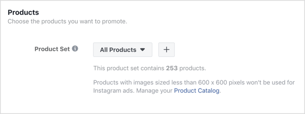 Kliknij znak + w sekcji Produkty na poziomie reklamy swojej kampanii na Facebooku.