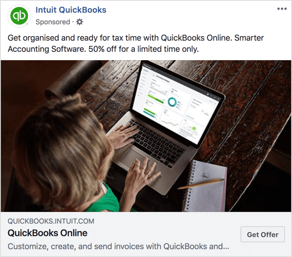 Na tej reklamie i stronie docelowej Intuit QuickBooks zwróć uwagę, że odcienie kolorów i oferta są spójne.