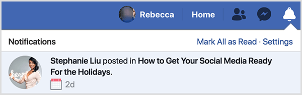 To jest zrzut ekranu powiadomienia o wydarzeniu na Facebooku od Stephanie Liu. Powiadomienie brzmi: „Stephanie Liu opublikowała w artykule Jak przygotować media społecznościowe na święta”.
