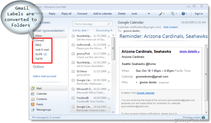 klient poczty e-mail dla Windows Live Mail, etykiety Gmaila są konwertowane na foldery w Windows Live Mail