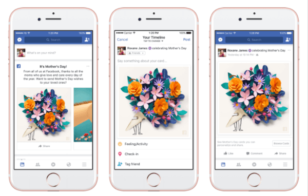 Facebook wprowadził spersonalizowane karty, tematyczne maski i ramki w aparacie Facebooka oraz tymczasową reakcję wdzięczności na cześć Dnia Matki.