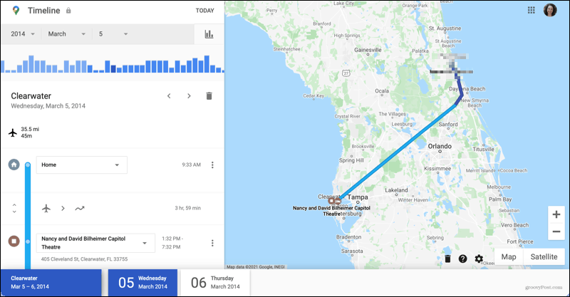 Szczegóły podróży na osi czasu w Mapach Google