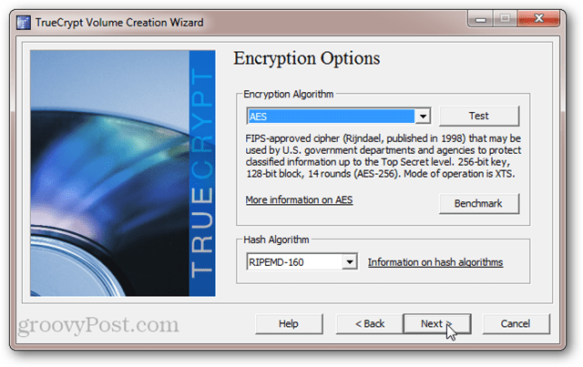 Opcje szyfrowania TrueCrypt: AES, SerpentFish, Twofish, Cascades