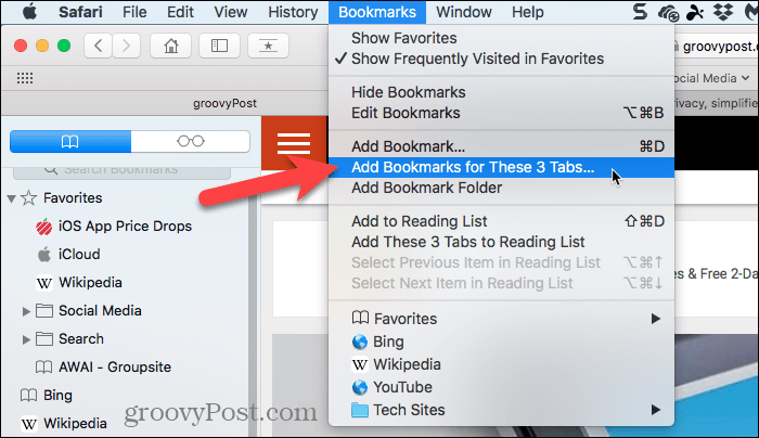 Wybierz Dodaj zakładki do tych kart w Safari na Macu