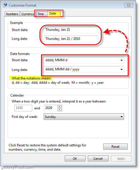 Zrzut ekranu systemu Windows 7 - dostosuj formaty wyświetlania