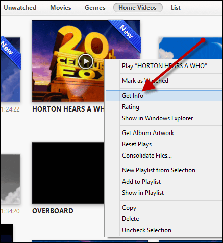 kliknij Uzyskaj informacje, aby zaktualizować wideo w iTunes