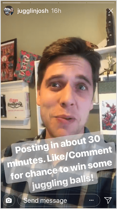 Post Josha Hortona na Instagramie pokazuje Josha stojącego przed kamerą z tekstem Publikowanie za około 30 minut. Polub / skomentuj, aby mieć szansę na wygranie żonglujących piłek!