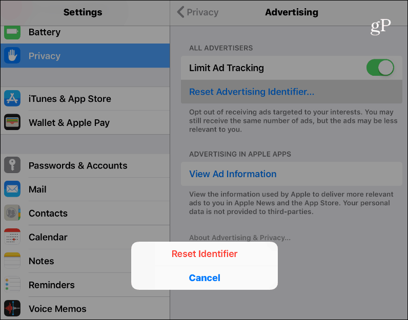 Zresetuj identyfikator reklamy iOS